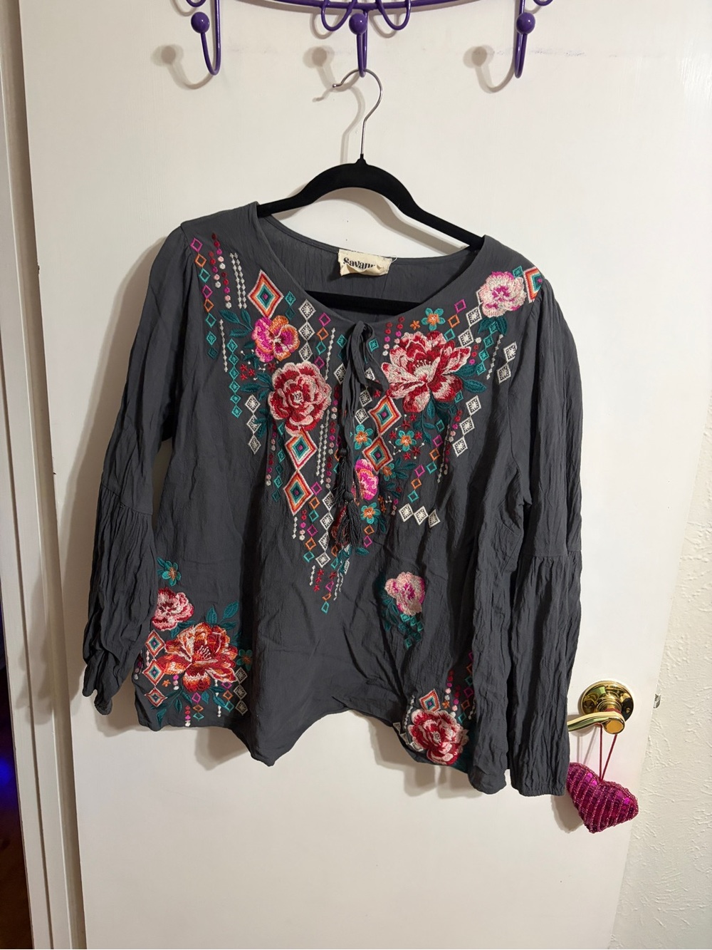 💜 2X Savanna Jane Charcoal Floral Embroidered Boho Blouse with Pink and Teal - Picture 6 of 11